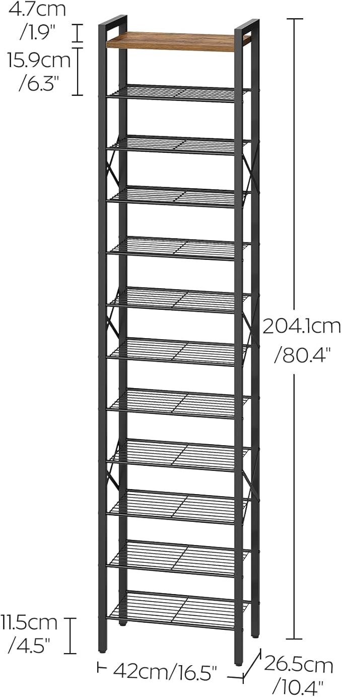 YATINEY 12-Tier Narrow Shoe Rack, Tall Shoe Rack for 12-24 Pairs, Slim Shoe Storage Organizer with Wooden Top, Space Saving, Metal Frame, for Entryway, Rustic Brown and Black SS61BR