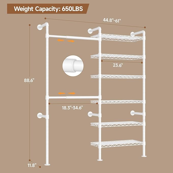 Wall Mounted Garment Rack, Walk-in Closet System with Expandable Rods, Adjustable Shelves, Industrial Pipe Clothing Racks, Hanging Clothes Organizers and Storage, Metal Closet Shelving Wardrobe