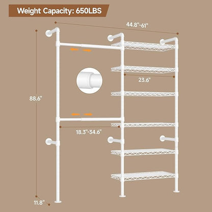 Wall Mounted Garment Rack, Walk-in Closet System with Expandable Rods, Adjustable Shelves, Industrial Pipe Clothing Racks, Hanging Clothes Organizers and Storage, Metal Closet Shelving Wardrobe