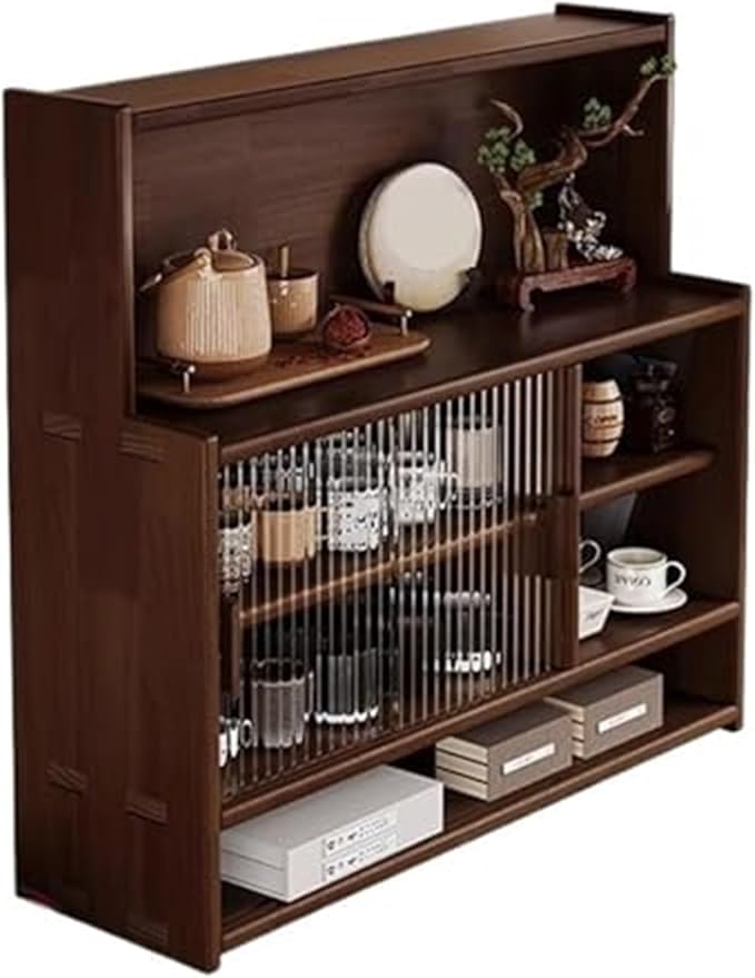 Home Furnishing Vintage Wood Desktop Cup Holder Storage Cabinet for Coffee Station Bar Adjustable Display Shelf with Glass Sliding Door for Kitchen Dining Room Office(Brown)