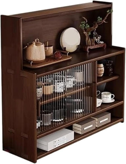 Home Furnishing Vintage Wood Desktop Cup Holder Storage Cabinet for Coffee Station Bar Adjustable Display Shelf with Glass Sliding Door for Kitchen Dining Room Office(Brown)