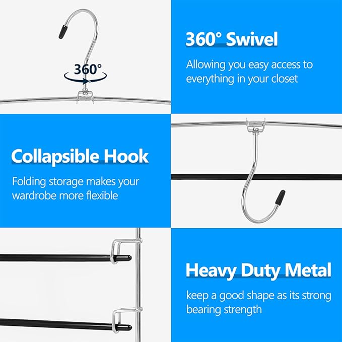 Pants Hangers 4 Pieces,5 Tier Closet Organizers and Storage Clothes Hanger,Hangers Space Saving with Swing Arm,Multiple Metal Hanger Clothes Organization for Pants Trousers Jeans Leggings Slacks