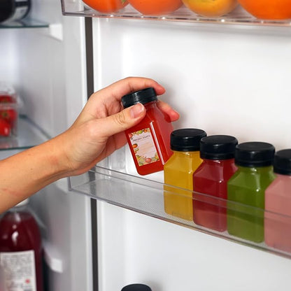 TOMNK 12pcs Juice Bottles with Caps, 4oz Plastic Containers with Lids Empty Reusable Clear Ginger Shots Bottles with Label, Funnel, and Brush Beverage for Juicing, Smoothies, Drinking, Fridge