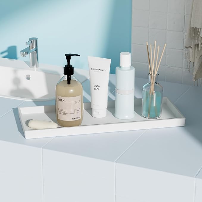 Vanity and Bathroom Tray, 15" ABS Countertop Organizer,Waterproof Vanity Tray for Toilet Tank,Perfume,Soap,Keys,Bathroom Accessories,Kitchen and Bath Trays,Non Slip Small Trays,White