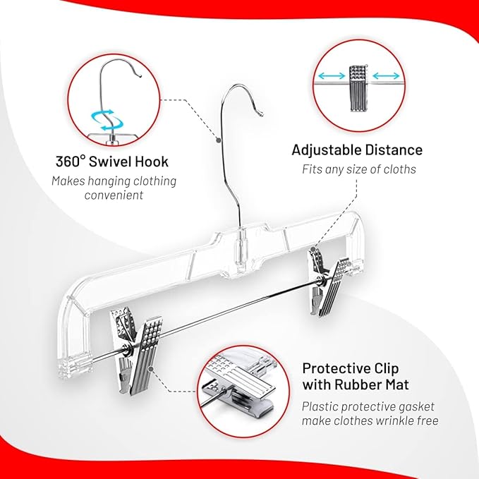 DEILSY™ Pants Hangers with Clips 12 Pack – 14 Inch Clear Plastic Skirt Hangers, 360° Swivel Hook, Clip Hangers for Pants, Skirts, Jeans, Shorts & Trousers – Space Saving, Non-Slip
