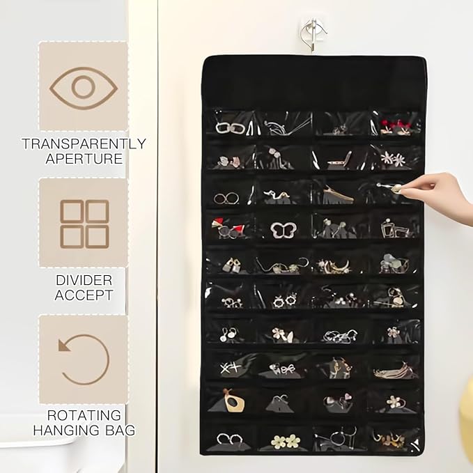 Double Sided Hanging Jewelry Organizer, 48 Pockets Clear Window Large Jewelry Hanging Organizer with Necklace Hanger, Wall/Door/Closet Stud Earring Bracelet Ring Storage