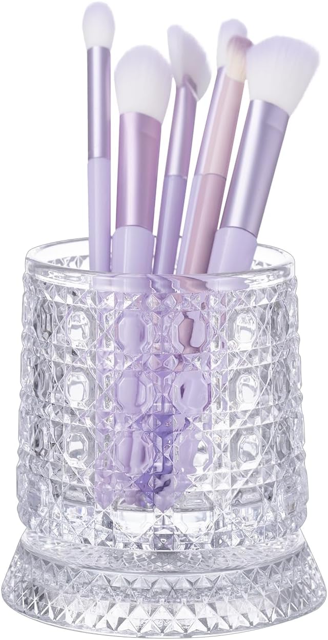 DASITON Makeup Brush Holder Organizer, Crystal Cosmetic Brushes Storage Holder Glass Makeup Organizer, 360° Rotating Make Up Brush Cup for Vanity, Dresser, Bathroom, Pen Pencil Holder for Desk (Clear)