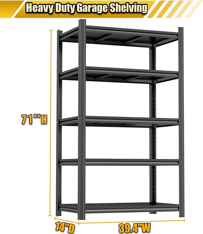 Heavy Duty Metal Garage Shelving Unit, 5 - Tier Adjustable Storage Shelves, 3000LBS for Garage & Basement, Kitchen and Pantry Industrial Steel Rack, Ideal for Tool Organization & Storage, Black,71"H