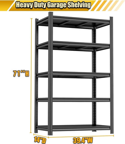Heavy Duty Metal Garage Shelving Unit, 5 - Tier Adjustable Storage Shelves, 3000LBS for Garage & Basement, Kitchen and Pantry Industrial Steel Rack, Ideal for Tool Organization & Storage, Black,71"H