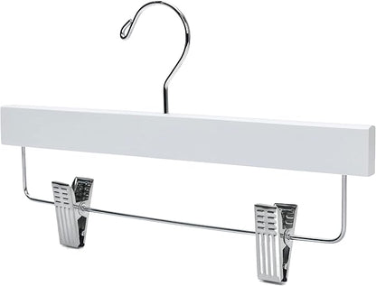 Quality 11 Inches Kids Wooden Pants Hangers 20 Pack - Skirt Hangers with Adjustable Metal Clips 360° Swivel Chrome Hook & Nonslip Notches- Ideal for Clothes Size 8 and Smaller (White, 20)