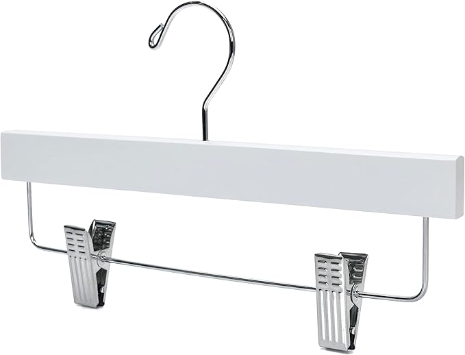 Quality 11 Inches Kids Wooden Pants Hangers 80 Pack - Skirt Hangers with Adjustable Metal Clips 360° Swivel Chrome Hook & Nonslip Notches- Ideal for Clothes Size 8 and Smaller (White, 80)