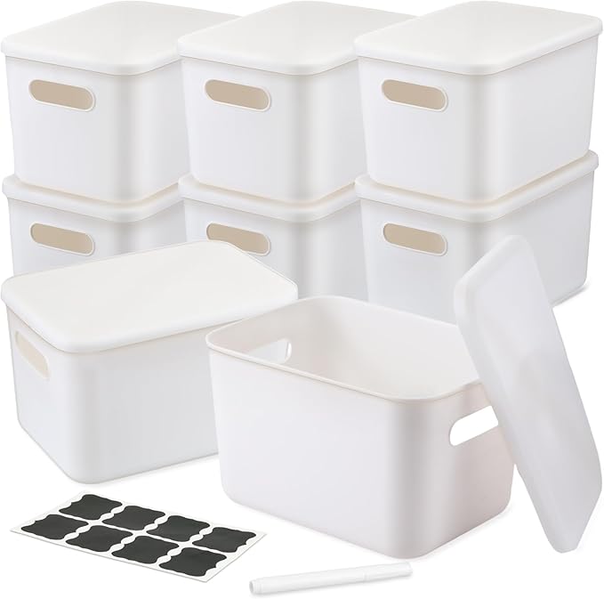 BBTO 8 Pcs White Plastic Storage Bins with Lids Organizing Container with Handle Stackable Containers for Organizing Including Labels and Marker for Table Organization, 10.2 x 7.3 x 6.5 Inch