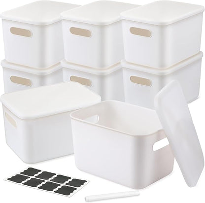 BBTO 8 Pcs White Plastic Storage Bins with Lids Organizing Container with Handle Stackable Containers for Organizing Including Labels and Marker for Table Organization, 10.2 x 7.3 x 6.5 Inch