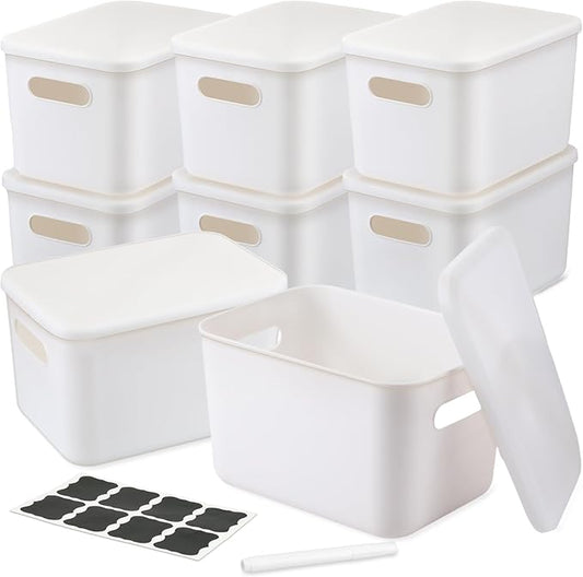 BBTO 8 Pcs White Plastic Storage Bins with Lids Organizing Container with Handle Stackable Containers for Organizing Including Labels and Marker for Table Organization, 10.2 x 7.3 x 6.5 Inch