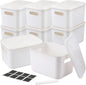 BBTO 8 Pcs White Plastic Storage Bins with Lids Organizing Container with Handle Stackable Containers for Organizing Including Labels and Marker for Table Organization, 10.2 x 7.3 x 6.5 Inch