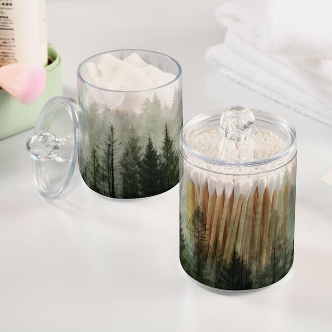 Qilmy Pine Trees Qtip Holder 2 Pack, 14 oz Apothecary Jars Bathroom Vanity Organizer Canister for Qtips, Cotton Swabs, Cotton Balls, Cosmetic Pads, Flossers, Bath Salts