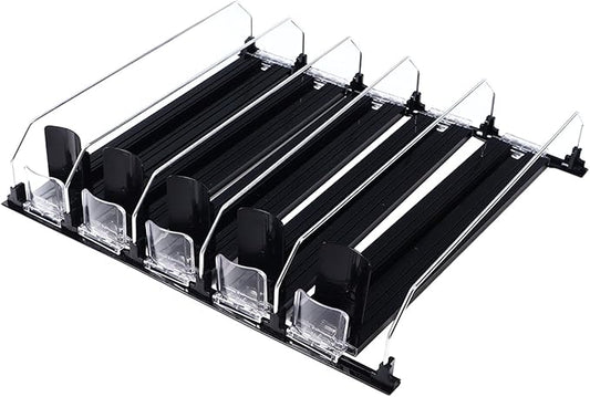 Drink Organizer for Fridge, 5 Rows Fridge Soda Can Organizer with Automatic Pusher Glide and Adjustable Width, Beverage Storage Drink Dispenser for Refrigerator Organization
