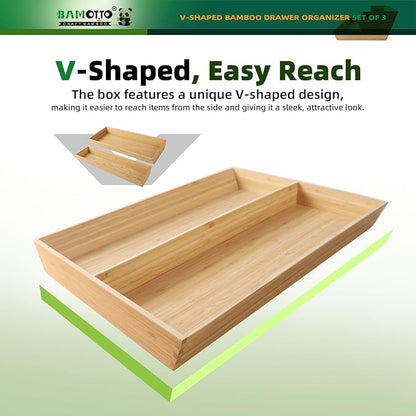 BAMOTTO CRAFTBAMBOO V-Shaped 3-Pack 19.6" Long Bamboo Drawer Organizer Box - Easy Reach Cutlery Tray for Flatware Silverware Utensil, Kitchen & Home Use (19.6"x5.7"/19.6"x7.8"/19.6"x12.4")
