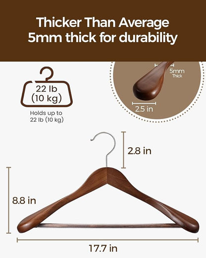 Premium Wooden Hangers 6-Pack – Wide Shoulder Non-Slip Design for Coats, Jackets & Suits | 360° Rotating Closet Organizers | Durable & Space-Saving (Vintage Wood)