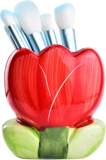 Ceramic Tulip Cosmetic Storage Box, Desktop Organizers Make Up Brush Storage Stand Desktop Storage Box for Brush,Pencil,Art Supplies, Painting Brush (Red)