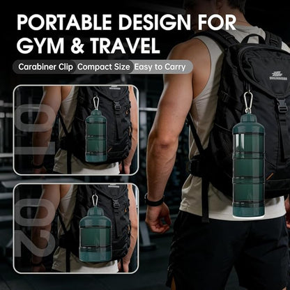 BYLWORKOUT 3-Layer Protein Powder Travel Container with Funnel and Keychain | Portable Food Storage Organizer for Gym, Fitness, Kitchen, Camping, Hiking, and Travel (Emerald Green)