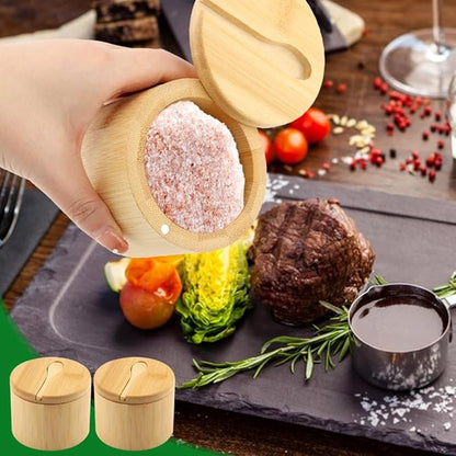 2Pcs Bamboo Salt Cellar with Magnetic Swivel Lid & Spoon, 6 oz Spice Bowl Bamboo Storage Box Salt Container to Storage Pepper, Table Salt, Gourmet Salts, Spice, Sugar(SIZE:6 oz)