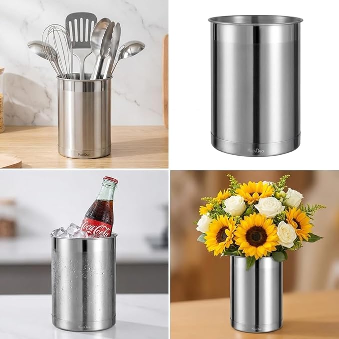 KSENDALO Stainless Steel Utensil Holder for Counter 5.0" Diameter, Brushed Metal Utensil Crock Canister for Cooking Utensils on Countertop, with Heavy Base, Dishwasher Safe,Silver