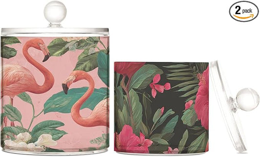 2 Pack Qtip Dispenser Apothecary Jars with Lids Cotton Round Holder Bathroom Canisters for Cotton Swab Floss Ball Pads Clear Plastic Decorative Pink Black Tropical Flamingo and Plants