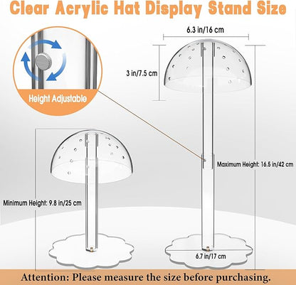 2 Pack Acrylic Wig Hat Display Stand Height Adjustable, Clear Wig Display Rack Stand Countertop Domed Hat Holder, Tabletop Baseball Cap Hat Stands for Shop Window Display(9.8"-16.5" H)