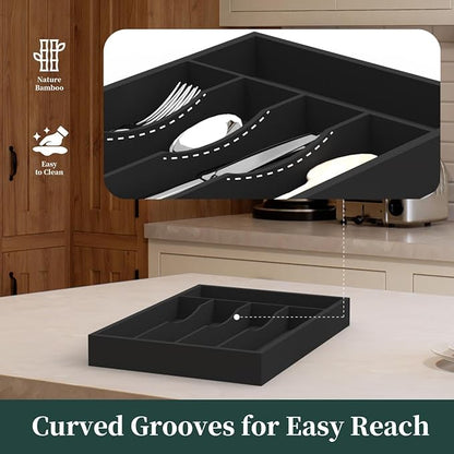 Bamboo Silverware Organizer, Kitchen Drawer Organizer, Utensil Holder, Cutlery Tray & Spoon Flatware Storage with Grooved Drawer Dividers (Black, 9.5''W x 13.5''D)