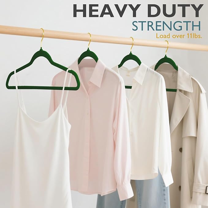 ManGotree Velvet Coat Hangers with 360° Swivel Gold Hook, Non-Slip Felt Suit Hangers, Ultra-Thin Space Saving Clothes Hanger for Jacket, Sweater, Shirt, Dress, Pants (22 Pack, Green)