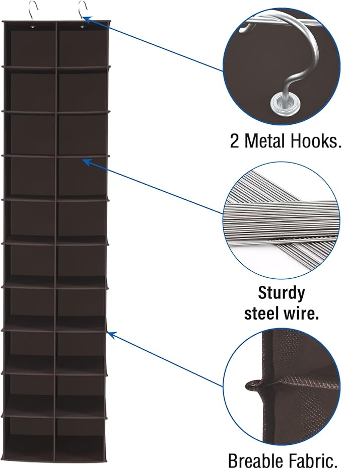 Libeder Hanging Shoe Organizer for Closet, Hanging Closet Organizers 20 Section Shoe Shelves, Space Saving Shoe Holder & Storage, Coffee, 12''W×12''Dx 50''H