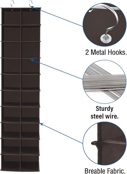 Libeder Hanging Shoe Organizer for Closet, Hanging Closet Organizers 20 Section Shoe Shelves, Space Saving Shoe Holder & Storage, Coffee, 12''W×12''Dx 50''H