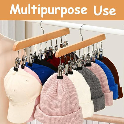 4 Pack Hat Hangers for Closet Display, Wooden Hat Storage Organizer with 40 Metal Clips for Baseball Caps, Summer Hat Rack for Beanie, Skullies, Visors, Natural Wood Color