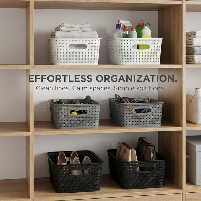 6 Pack Plastic Small Woven Storage Baskets, Black/White/Grey Assorted Organizer Shelf Weave Baskets for Home Organization, Pantry, Closet, Bathroom, Kitchen (10x7.5x4 in)