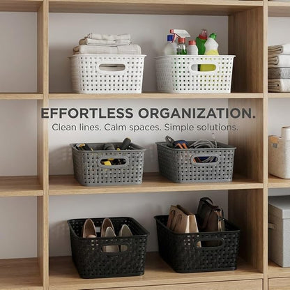 6 Pack Plastic Small Woven Storage Baskets, Black/White/Grey Assorted Organizer Shelf Weave Baskets for Home Organization, Pantry, Closet, Bathroom, Kitchen (10x7.5x4 in)