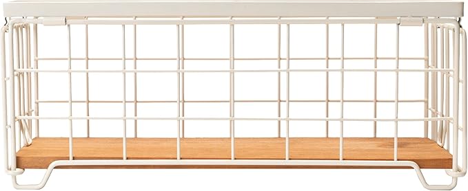 TIEYIPIN Metal Wire Storage Basket, Toilet Paper Roll Holder Wood Base Countertop Decor Box Toilet Tank Shelf Cabinet Organizer for Bathroom Pantry Garage Bedroom Livingroom - Cream White