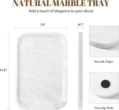 Koville Marble Tray, 12"x8" Bianco Carrara Marble Vanity Tray for Countertop Bathroom Kitchen Dresser, Decorative Catchall Trays for Perfume Jewelry, Rectangular Stone Serving Tray