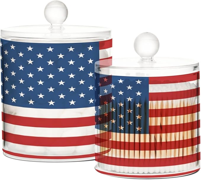 DOMIKING American Usa Flag 2 Pack Bathroom Canisters Cotton Swab Holder Dispenser Plastic Cotton Ball Jar Acrylic Storage Containers for Cotton Ball Cotton Round Pads Cotton Swab