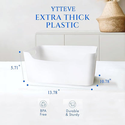 Ytteve XL - 4 Pack White Plastic Bins - 13.7 x 10.2 x 5.7 inch - Closet, Kitchen, Pantry, Bathroom & Office Storage Containers - Cabinet & Shelf Organizers