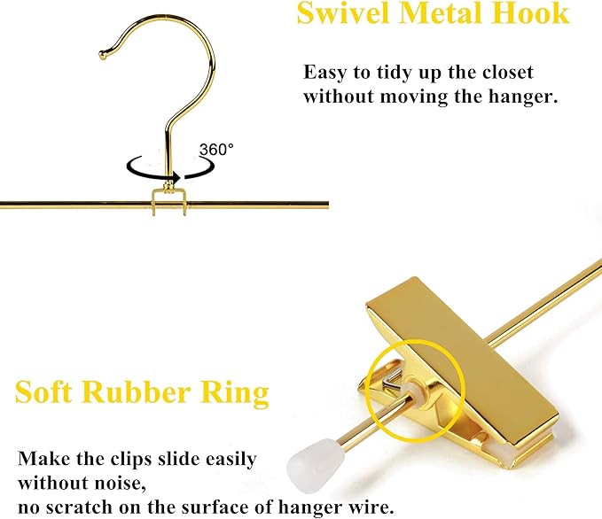 Amber Home 10 Pack Shiny Gold 12 Inch Metal Pants Skirts Hanger, Sturdy for Slacks Trousers with 2 Adjustable Non Slip Clips and Swivel Hook (10 Pack)