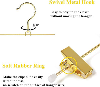 Amber Home 10 Pack Shiny Gold 12 Inch Metal Pants Skirts Hanger, Sturdy for Slacks Trousers with 2 Adjustable Non Slip Clips and Swivel Hook (10 Pack)