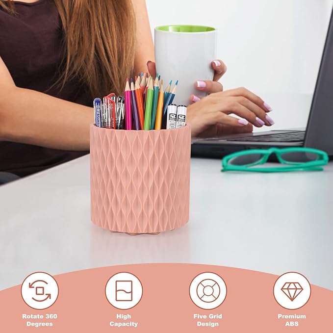 Makeup Brush Holder Organizer - 360° Rotating, 5-Slot Brush Cup for Cosmetics, Lipsticks, Pens | Vanity & Desk Organizer (Pink)