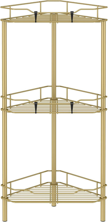 HuggieGems 3 Tier Floor Standing Corner Shower Caddy Organizer Shelf with Hooks, Bathroom Shelves Stand Rack, Gold