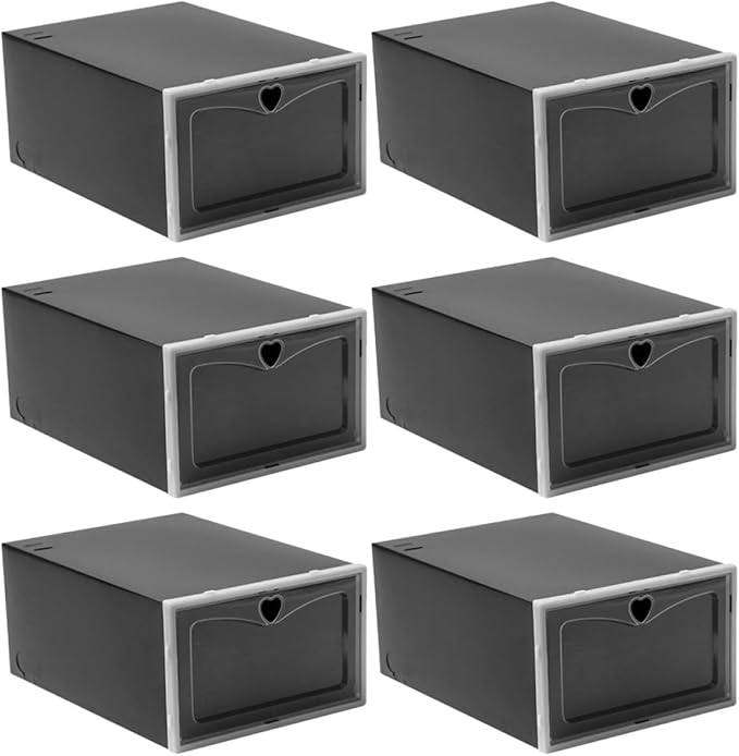 6pcs Black Flip-top Shoe Storage Boxes 33x23x14.5cm Plastic Sneaker Containers Dustproof Anti-oxidation Stackable Shoe Organizers for Men’s Closet and Travel