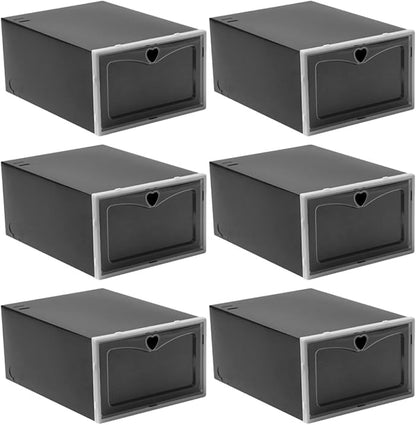 6pcs Black Flip-top Shoe Storage Boxes 33x23x14.5cm Plastic Sneaker Containers Dustproof Anti-oxidation Stackable Shoe Organizers for Men’s Closet and Travel