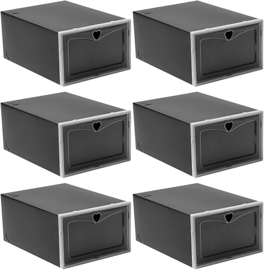 6pcs Black Flip-top Shoe Storage Boxes 33x23x14.5cm Plastic Sneaker Containers Dustproof Anti-oxidation Stackable Shoe Organizers for Men’s Closet and Travel