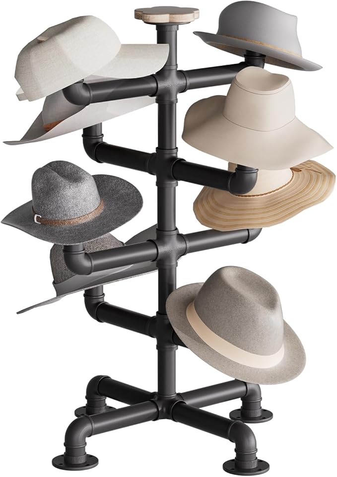 4-Tier Hat Racks Heavy Duty Metal Pipe Hat Display - 8 Rustic Solid Wood Hooks Free Standing Cap Organizer for Hats Wigs Headwear Tabletop Display