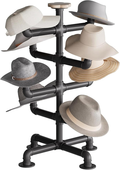 4-Tier Hat Racks Heavy Duty Metal Pipe Hat Display - 8 Rustic Solid Wood Hooks Free Standing Cap Organizer for Hats Wigs Headwear Tabletop Display
