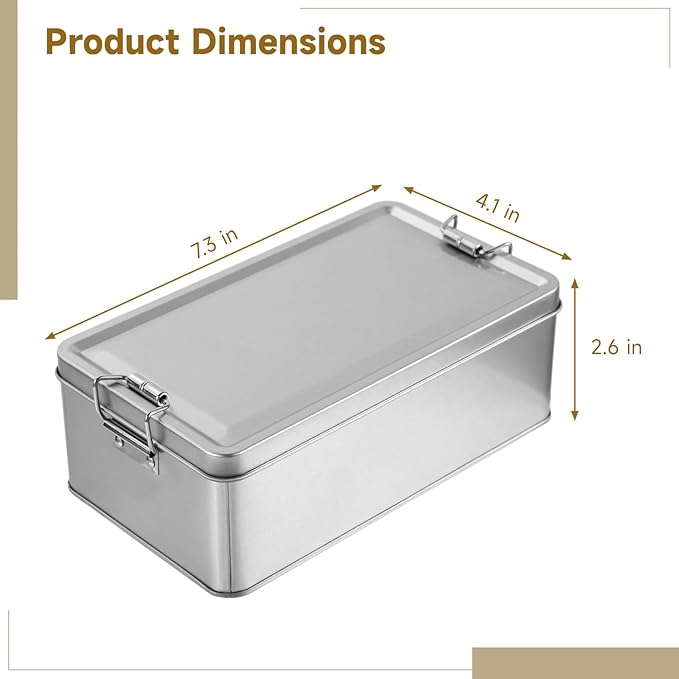 2 Pcs Metal Storage Box with Lid, 7.3 x 4.1 in Silver Rectangular Tinplate Box, Buckle Latch Box, Home Storage Container for Treats, Gifts, Small Items and Crafts